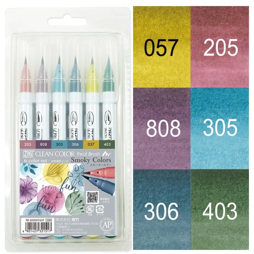 Kuretake ZIG Clean Color Real Brush 6kolorów Smoky Colors RB-6000AT6VF opakowanie i kafelki wzornik.jpg